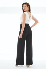 Ecru Black Belly Decollete Buckled Jumpsuit