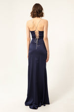 Long Satin Evening Dress With Women'S Stone Strap