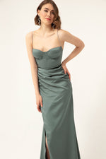 Long Satin Evening Dress With Women'S Stone Strap