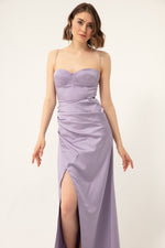 Long Satin Evening Dress With Women'S Stone Strap