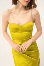Long Satin Evening Dress With Women'S Stone Strap