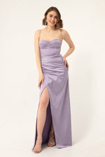 Long Satin Evening Dress With Women'S Stone Strap
