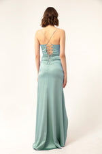 Long Satin Evening Dress With Women'S Stone Strap