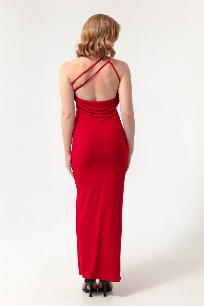 Woman One -Shoulder Long Evening Dress With Slits With Back Low -Cut
