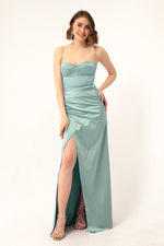 Long Satin Evening Dress With Women'S Stone Strap