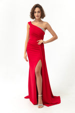 Woman One Shoulder Long Evening Dress With Stone