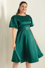 Women Balloon Sleeve Stone Bed Belt Satin Satin Evening Dress