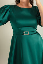 Women Balloon Sleeve Stone Bed Belt Satin Satin Evening Dress