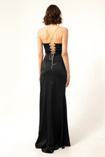 Long Satin Evening Dress With Women'S Stone Strap