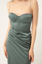 Long Satin Evening Dress With Women'S Stone Strap