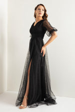 Women'S Balloon Sleeve Silvery Long Evening Dress