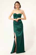 Long Satin Evening Dress With Women'S Stone Strap
