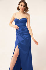 Long Satin Evening Dress With Women'S Stone Strap