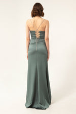Long Satin Evening Dress With Women'S Stone Strap