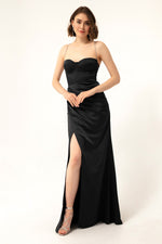 Long Satin Evening Dress With Women'S Stone Strap