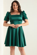 Female Balloon Sleeve Clash Cut Mini Large Size Satin Evening Dress