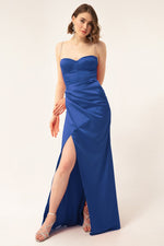 Long Satin Evening Dress With Women'S Stone Strap