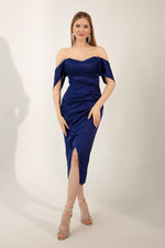 Female Kayık Yaka Drapeli Midi Evening Dresses