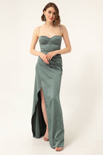 Long Satin Evening Dress With Women'S Stone Strap