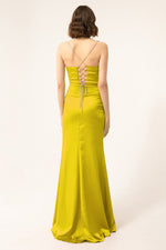 Long Satin Evening Dress With Women'S Stone Strap