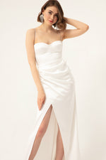 Long Satin Evening Dress With Women'S Stone Strap