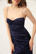 Long Satin Evening Dress With Women'S Stone Strap