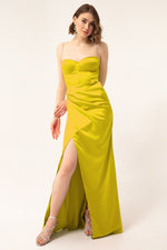 Long Satin Evening Dress With Women'S Stone Strap