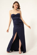 Long Satin Evening Dress With Women'S Stone Strap