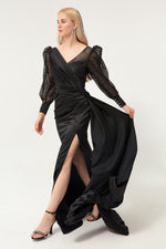 Woman Cruve Collar Silvery Long Satin Evening Dresses