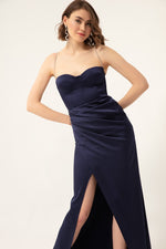 Long Satin Evening Dress With Women'S Stone Strap