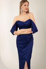 Female Kayık Yaka Drapeli Midi Evening Dresses