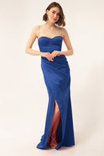 Long Satin Evening Dress With Women'S Stone Strap