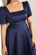 Female Balloon Sleeve Clash Cut Mini Large Size Satin Evening Dress