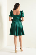 Female Balloon Sleeve Clash Cut Mini Large Size Satin Evening Dress