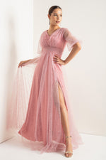 Women'S Balloon Sleeve Silvery Long Evening Dress