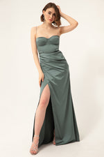 Long Satin Evening Dress With Women'S Stone Strap
