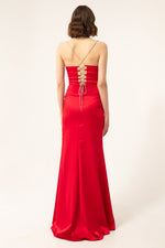 Long Satin Evening Dress With Women'S Stone Strap