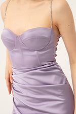 Long Satin Evening Dress With Women'S Stone Strap