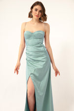 Long Satin Evening Dress With Women'S Stone Strap