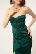 Long Satin Evening Dress With Women'S Stone Strap
