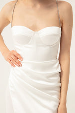 Long Satin Evening Dress With Women'S Stone Strap