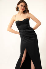 Long Satin Evening Dress With Women'S Stone Strap
