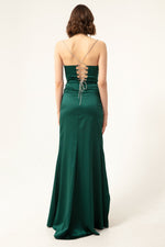 Long Satin Evening Dress With Women'S Stone Strap