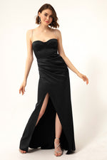 Long Satin Evening Dress With Women'S Stone Strap