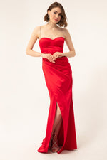Long Satin Evening Dress With Women'S Stone Strap