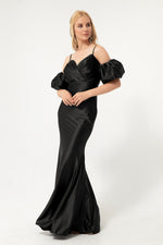 Long Satin Evening Dress With Low Sleeve With Women Rope Strap