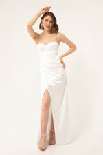 Long Satin Evening Dress With Women'S Stone Strap