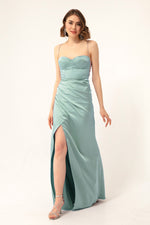 Long Satin Evening Dress With Women'S Stone Strap