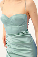 Long Satin Evening Dress With Women'S Stone Strap