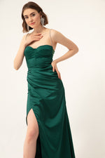 Long Satin Evening Dress With Women'S Stone Strap